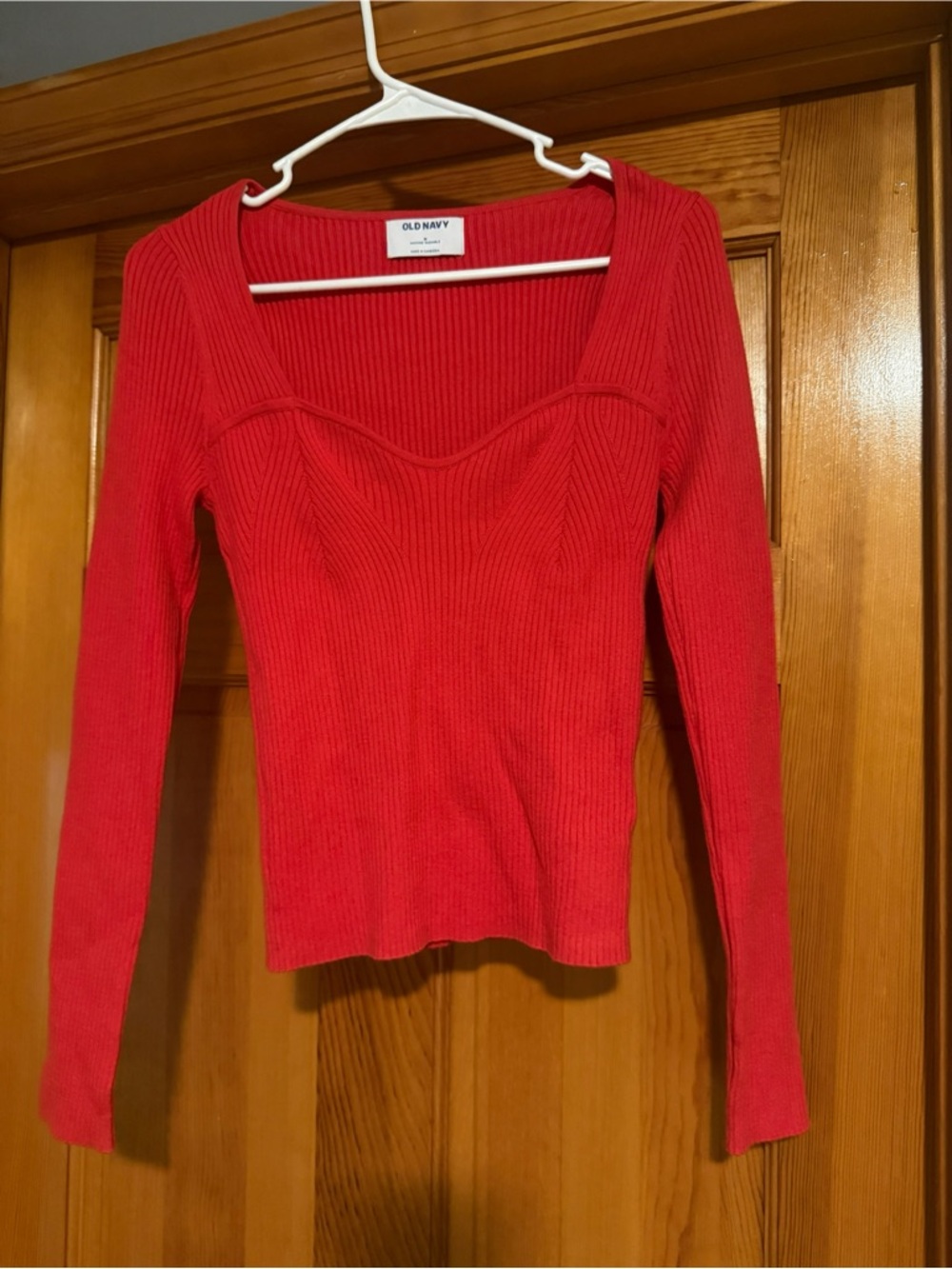 Old Navy Red Ribbed Square Neck Long Sleeve Top